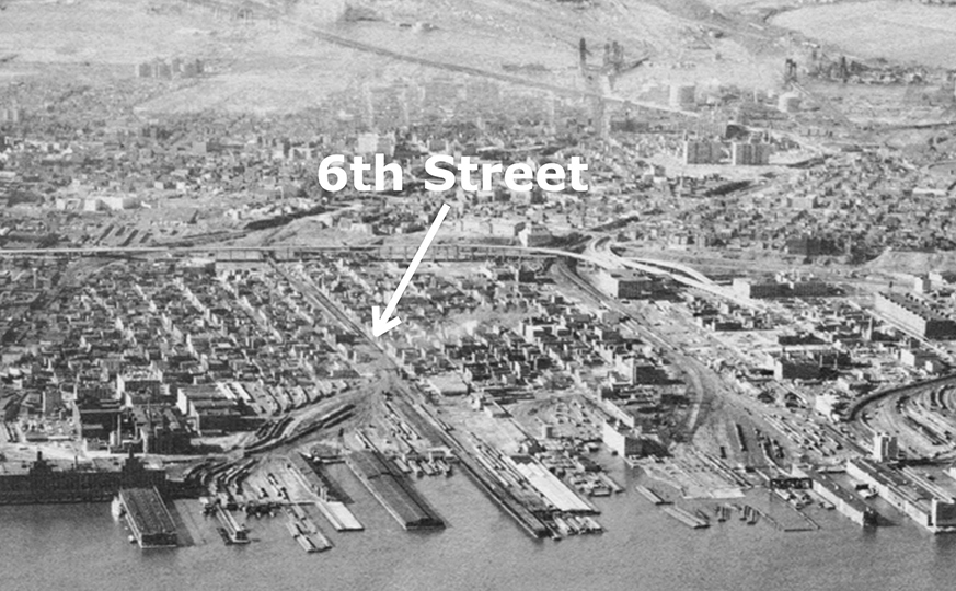 Old aerial photo of Jersey City, 6th St. highlighted